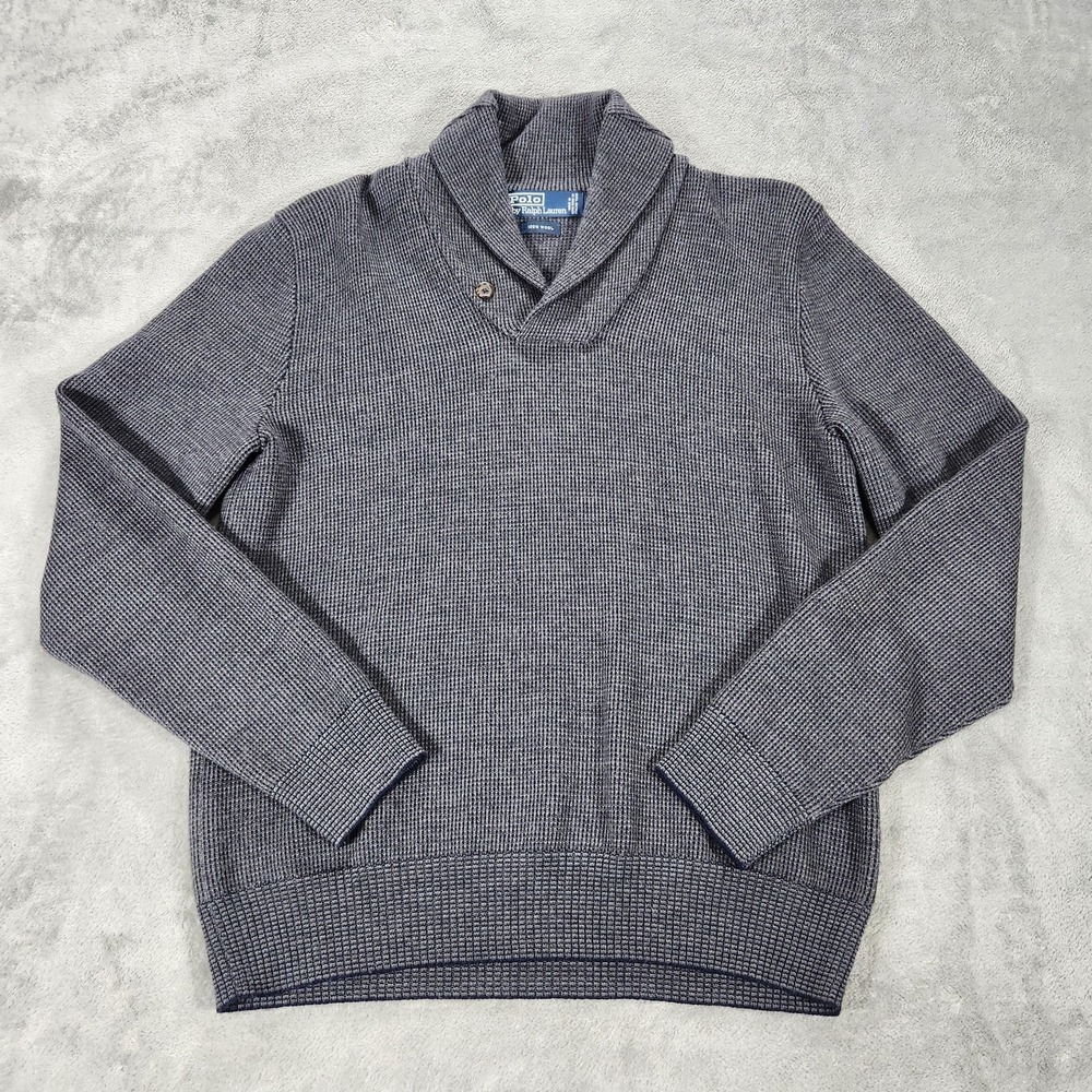 Vintage‎ Polo Ralph Lauren Sweater Mens Medium Gray Wool Shawl Collar Knit 90s